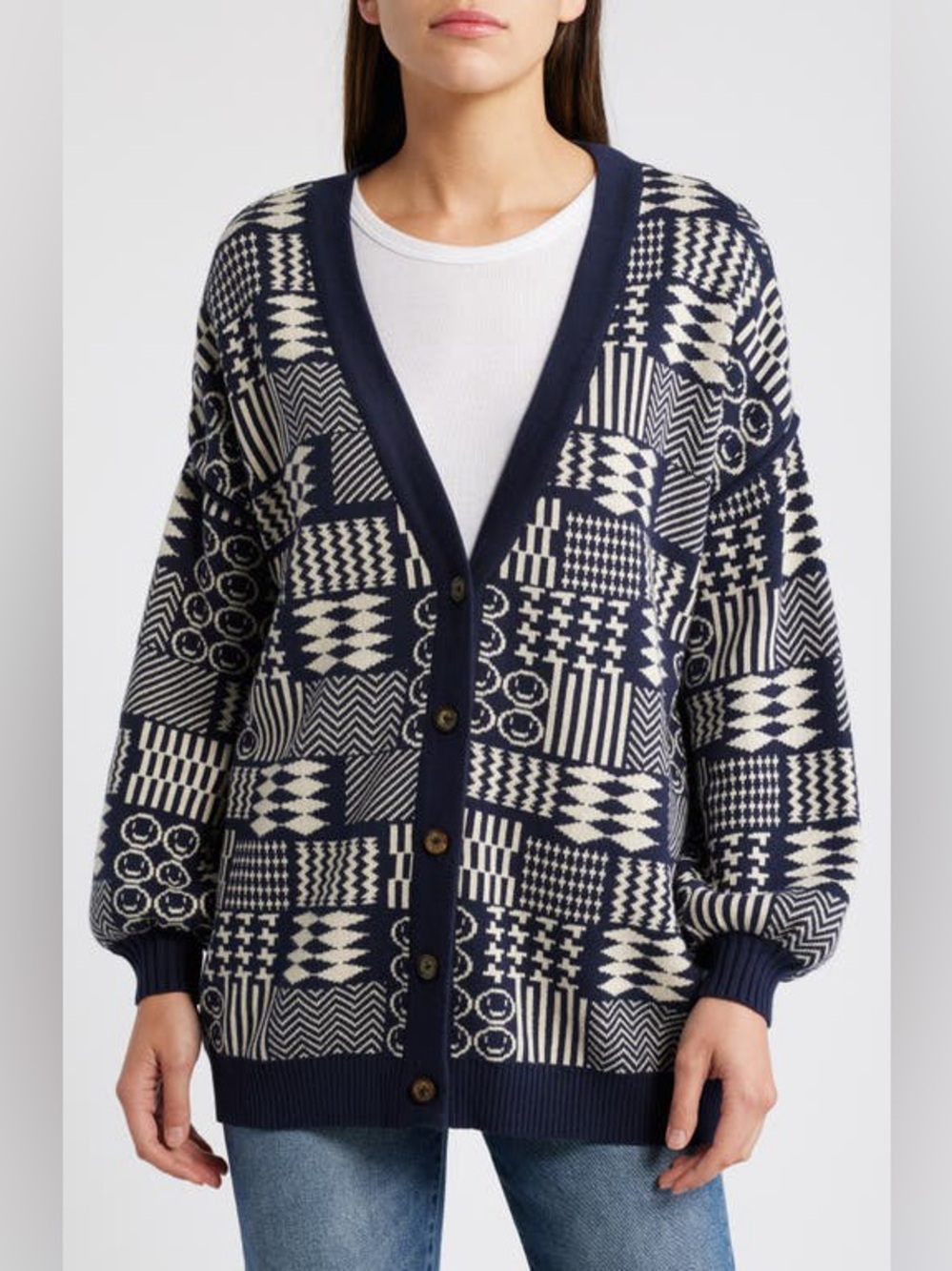 Cleobella Navy and Cream Geometric Button-Front Cardigan 100% Organic Cotton